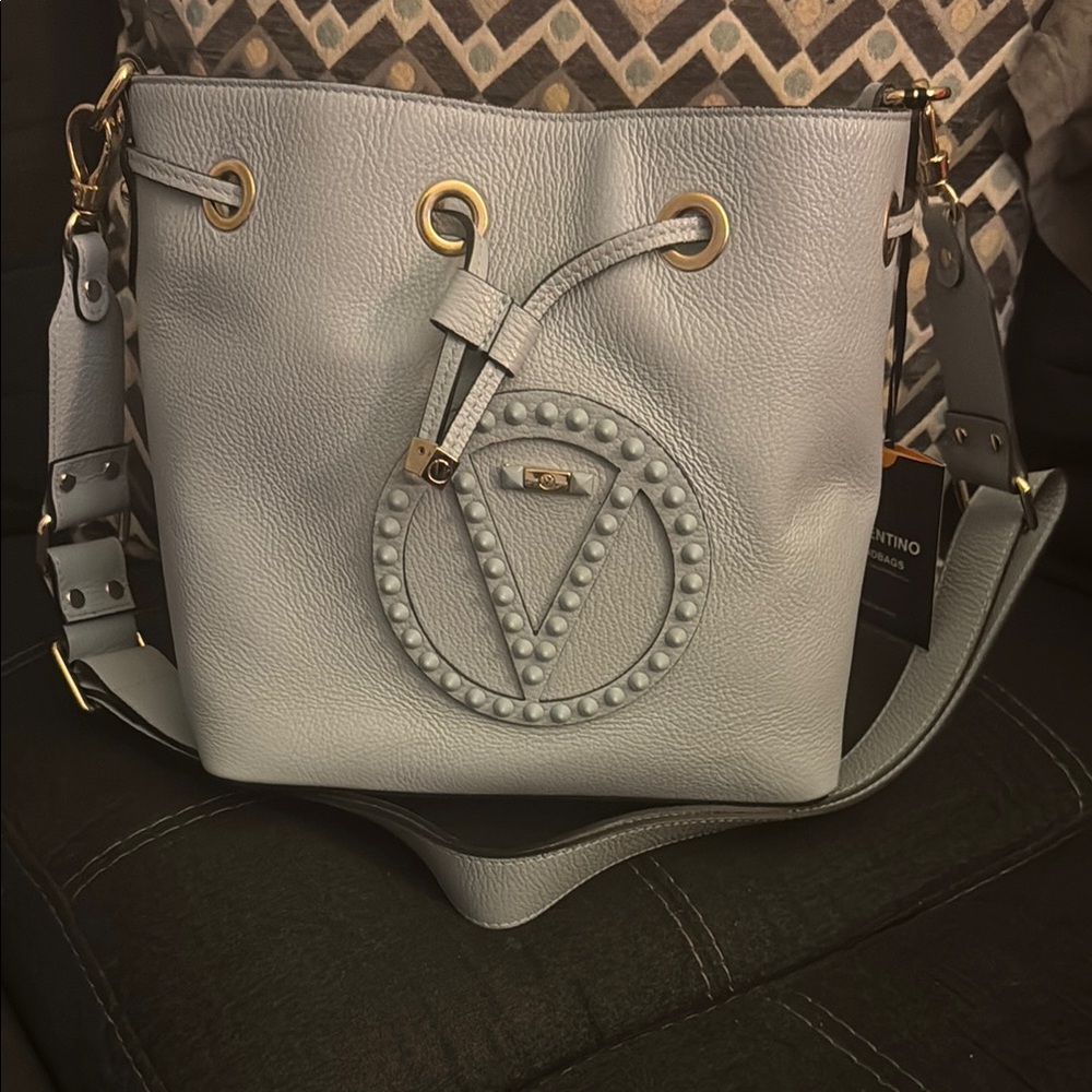 Valentino Light Blue Shoulder Bag with Embossed Logo